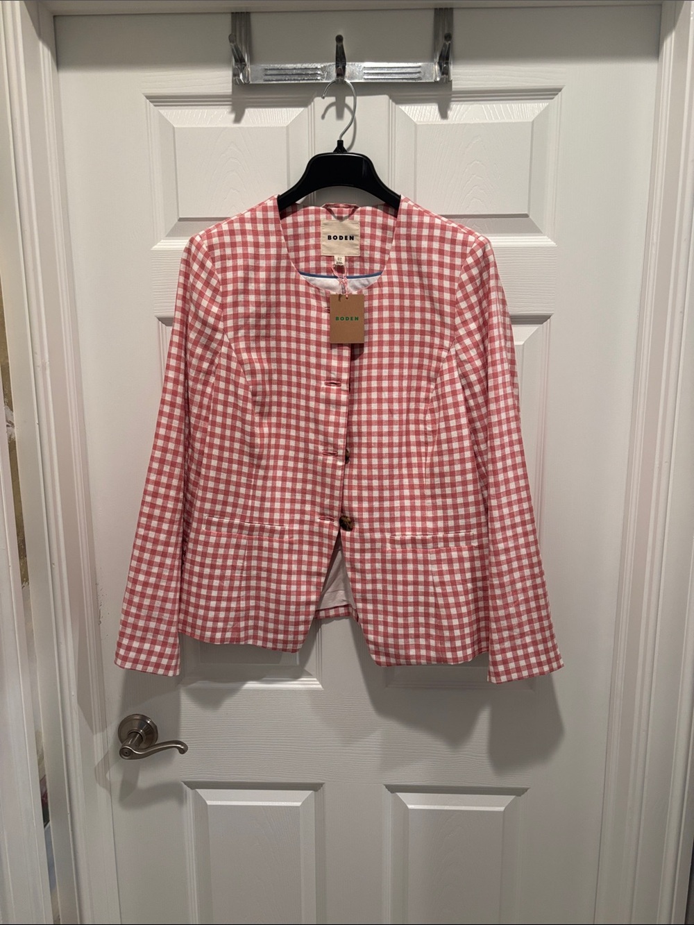 Boden Pink Gingham Collarless Blazer